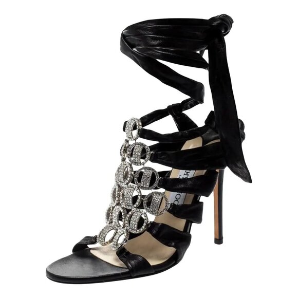 Jimmy Choo Stiletto Sandals with Ankle Strap, Black Leather and Crystals - Picture 1 of 13